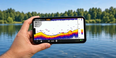 Smartphone met Vexilar SonarPhone-sonarbeelden aan de waterkant