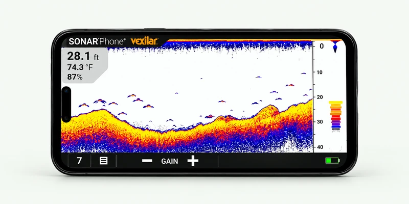 Detailmockup van het Vexilar SonarPhone-scherm met diepte en bodemverloop