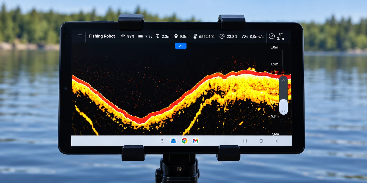 Fishing Robot-fishfinder op een tablet aan de waterkant