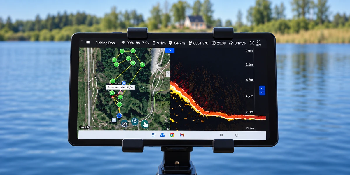 Fishing Robot Autopilot op een tablet aan de waterkant met kaart en sonarbeelden