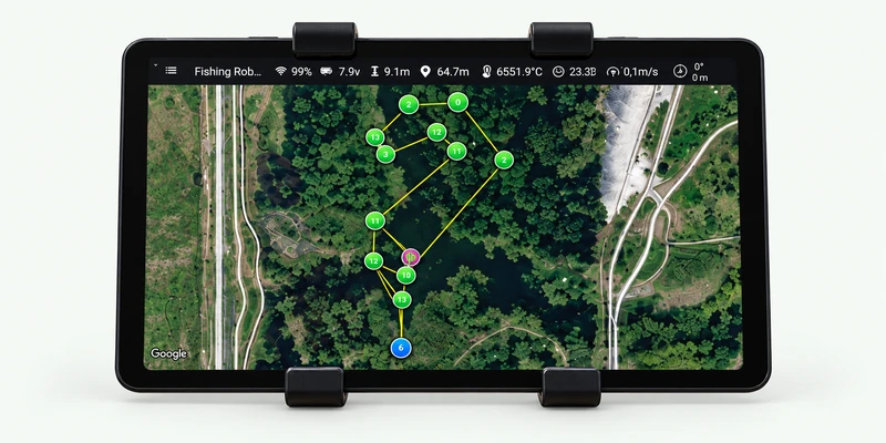 Kaartmockup van Fishing Robot Autopilot met opgeslagen stekken en routelijnen
