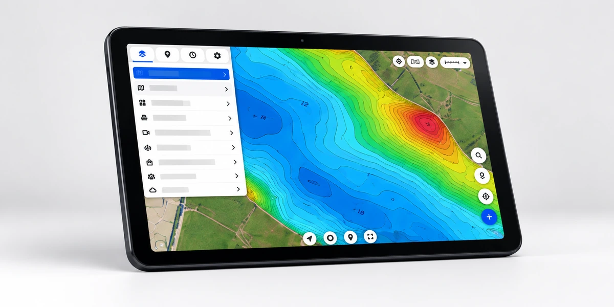Illustratieve tablet-mockup met een gekleurde dieptekaart voor BBT watermapping